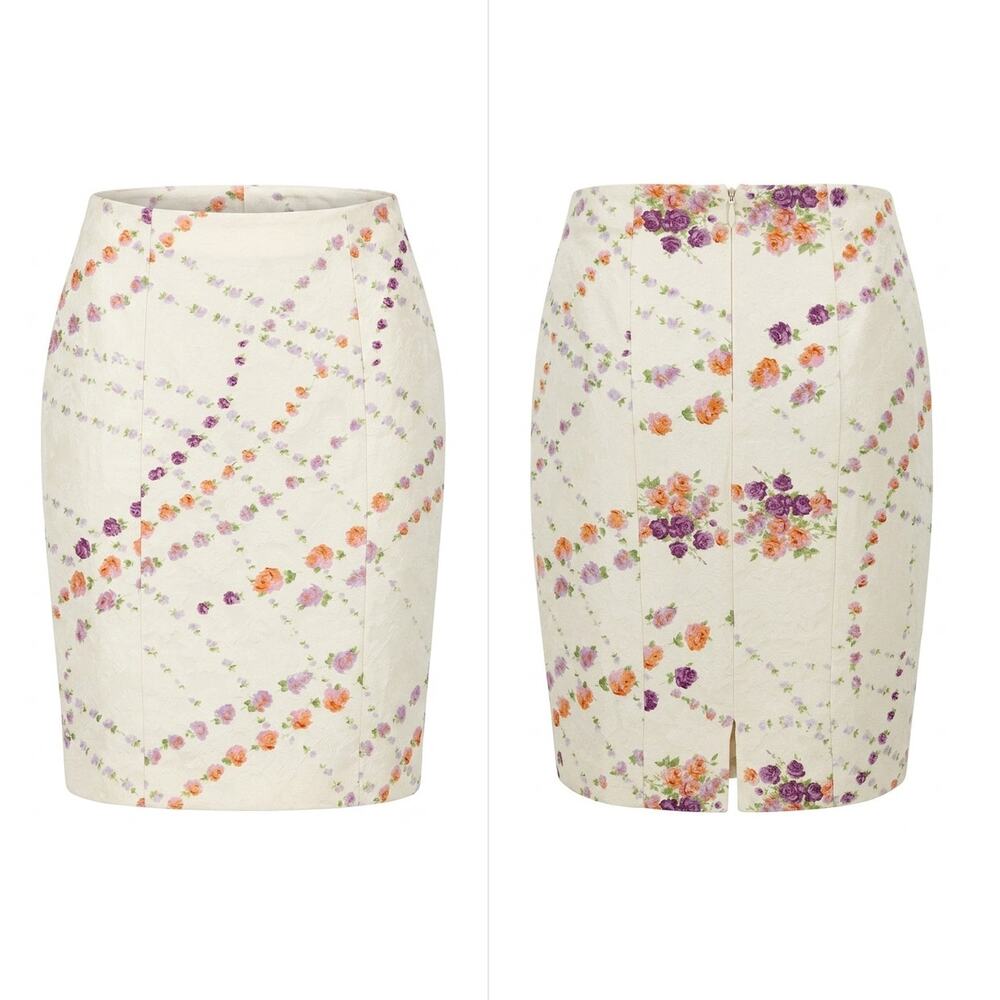 Tracy Reese 100% Silk Ivory Floral Pencil Skirt Lined Women Size 4